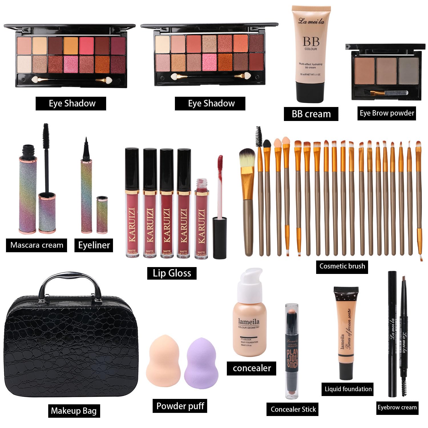 All in One Makeup Kit for Makeup storage bag 2X14 Colors Eyeshadow Palette Liquid Foundation Eyeliner Pencils Contouring Stick Lip Gloss 20Pcs Make up Brushes For Women Girls Teens (Black) Brand: MTDXILTAI
